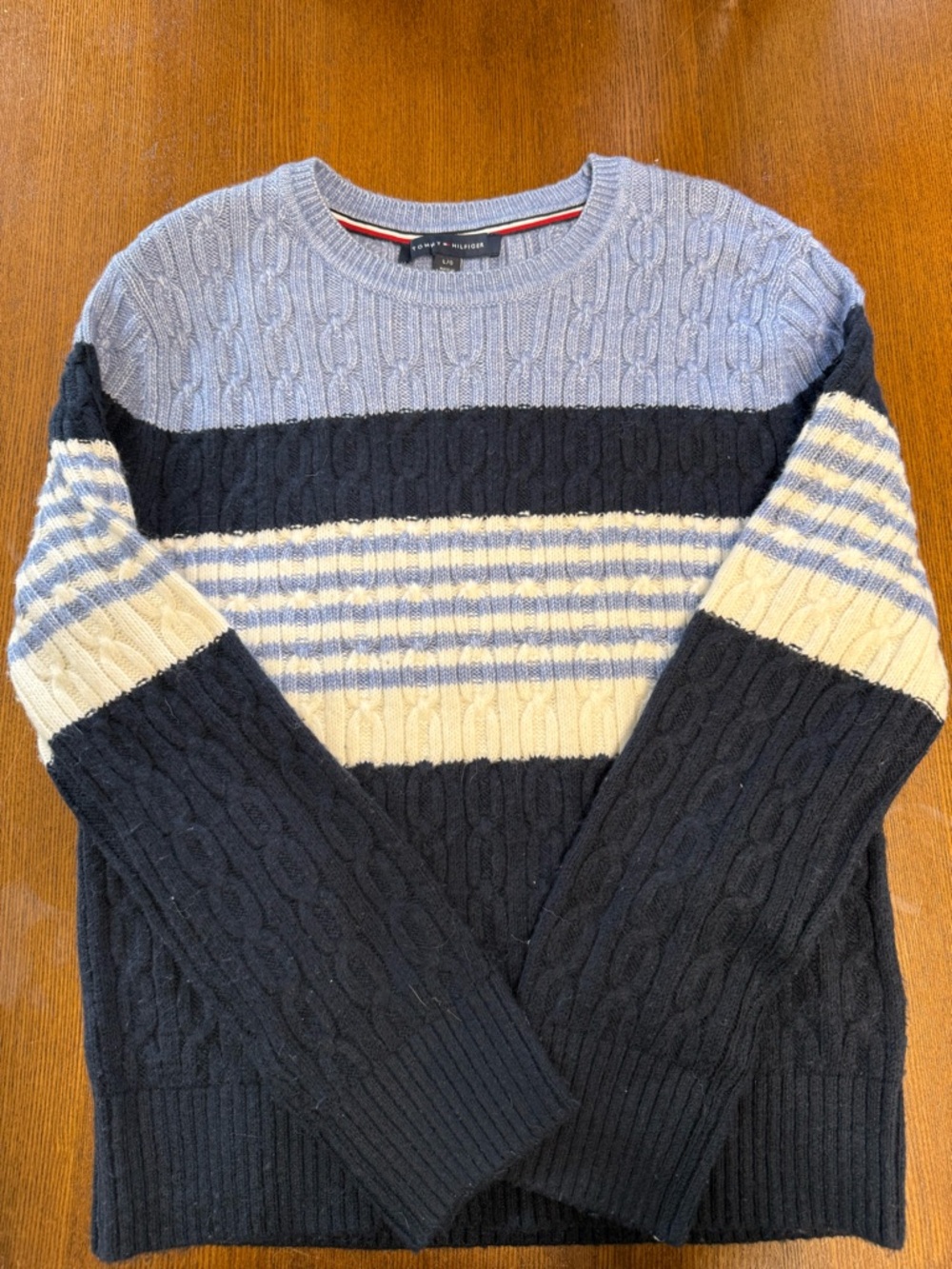 Tommy Hilfiger Striped Cable Knit Crewneck - Light Blue, Navy & Cream